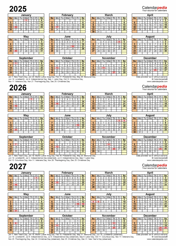 2025 2027 Three Year Calendar Free Printable Word Templates
