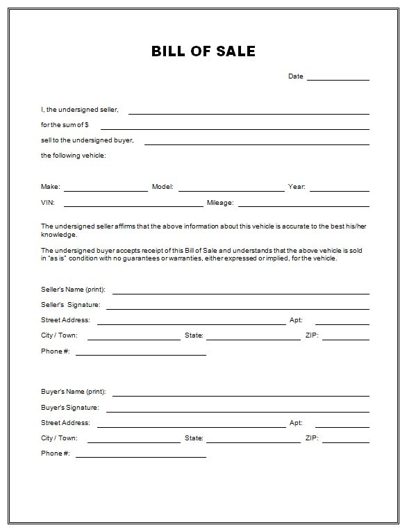 Bill Of Sale Template For Vehicle