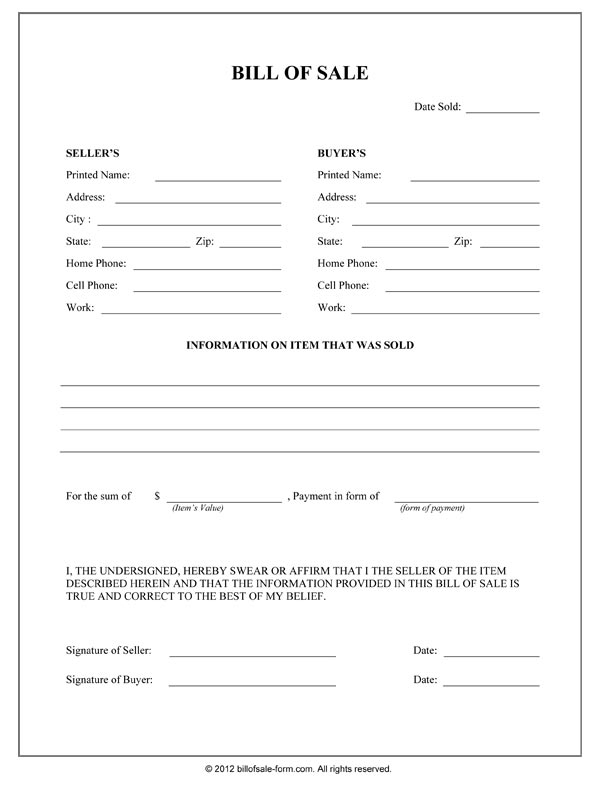 Bill Of Sales Form Free Printable Documents