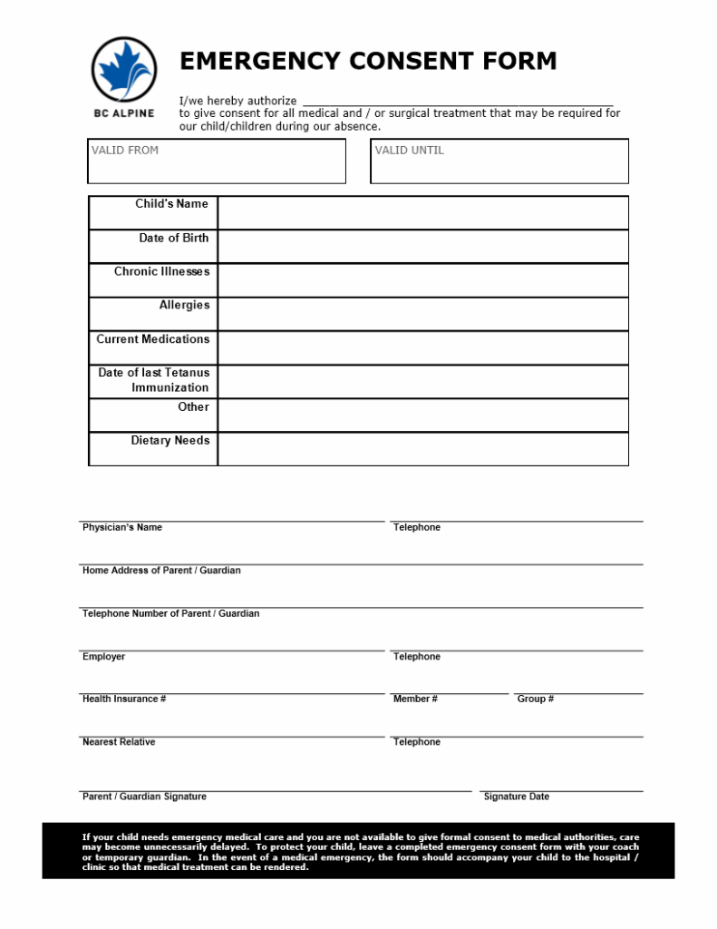 Emergency Medical Consent Form Free Printable Documents