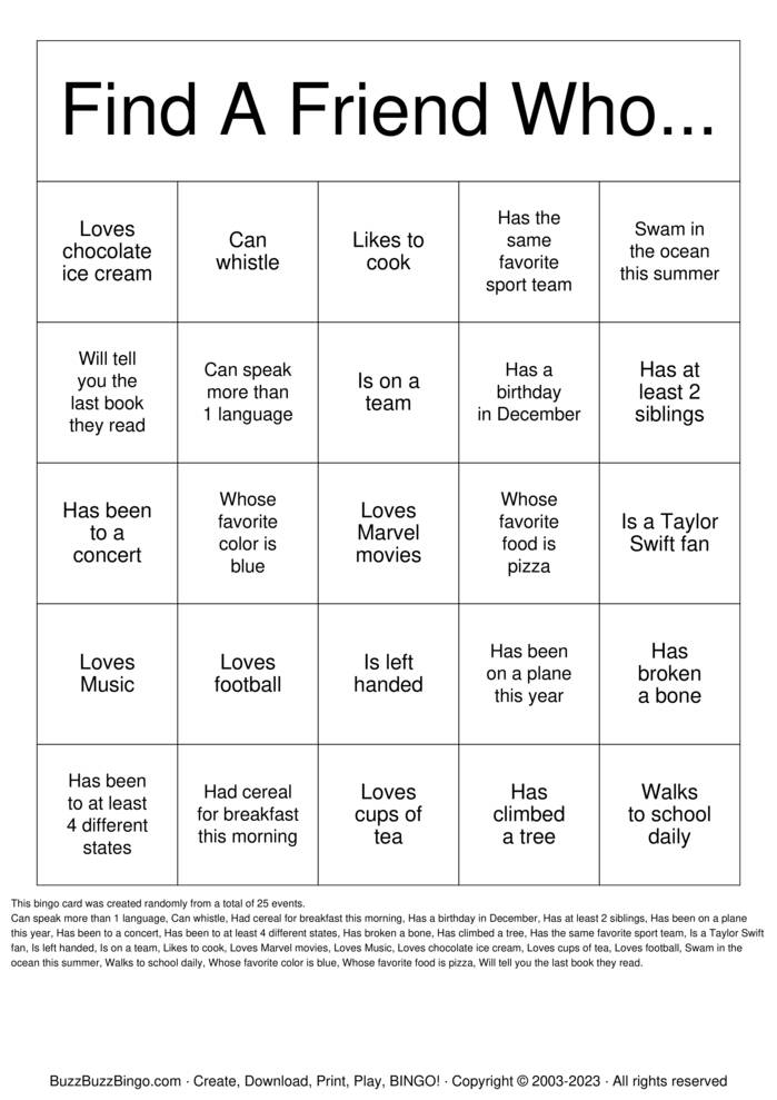 Find a Friend Bingo Cards To Download Print And Customize 