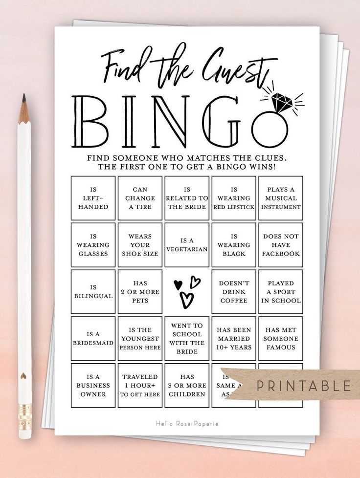 Find The Guest BINGO Printable Bridal Shower Fun Icebreaker Game 