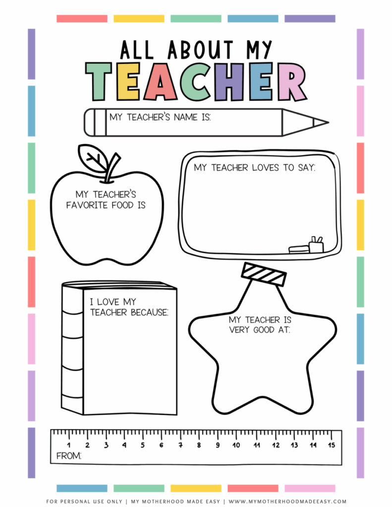 FREE All About My Teacher Printable PDF Thank You Gift My 