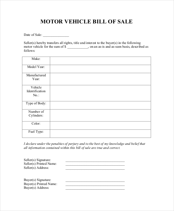 Free Blank Printable Bill Of Sale