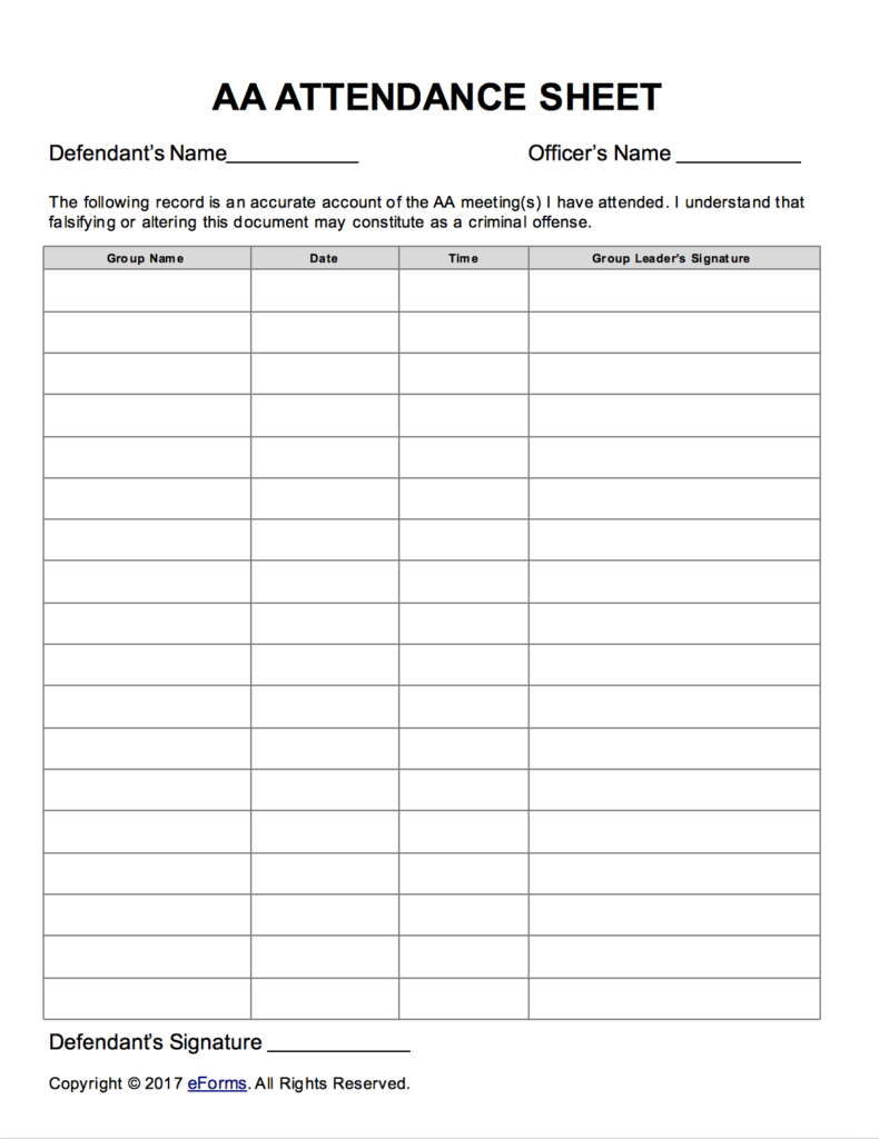 Free Printable Aa Meeting Sign In Sheet Printable Templates