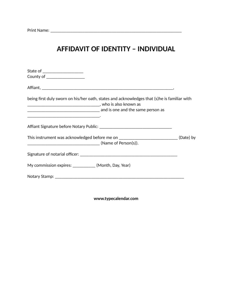 Free Printable Affidavit Of Identity Form Templates PDF 