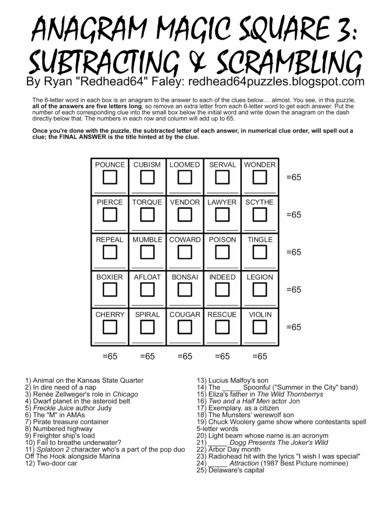 Free Printable Anagram Magic Square Puzzles Printable Form Templates 