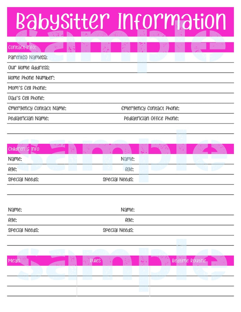 Free Printable Babysitter Information Babysitter Info Sheet