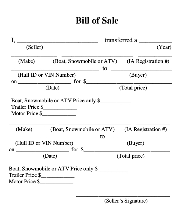 Free Printable Bill Of Sale For Boat And Trailer