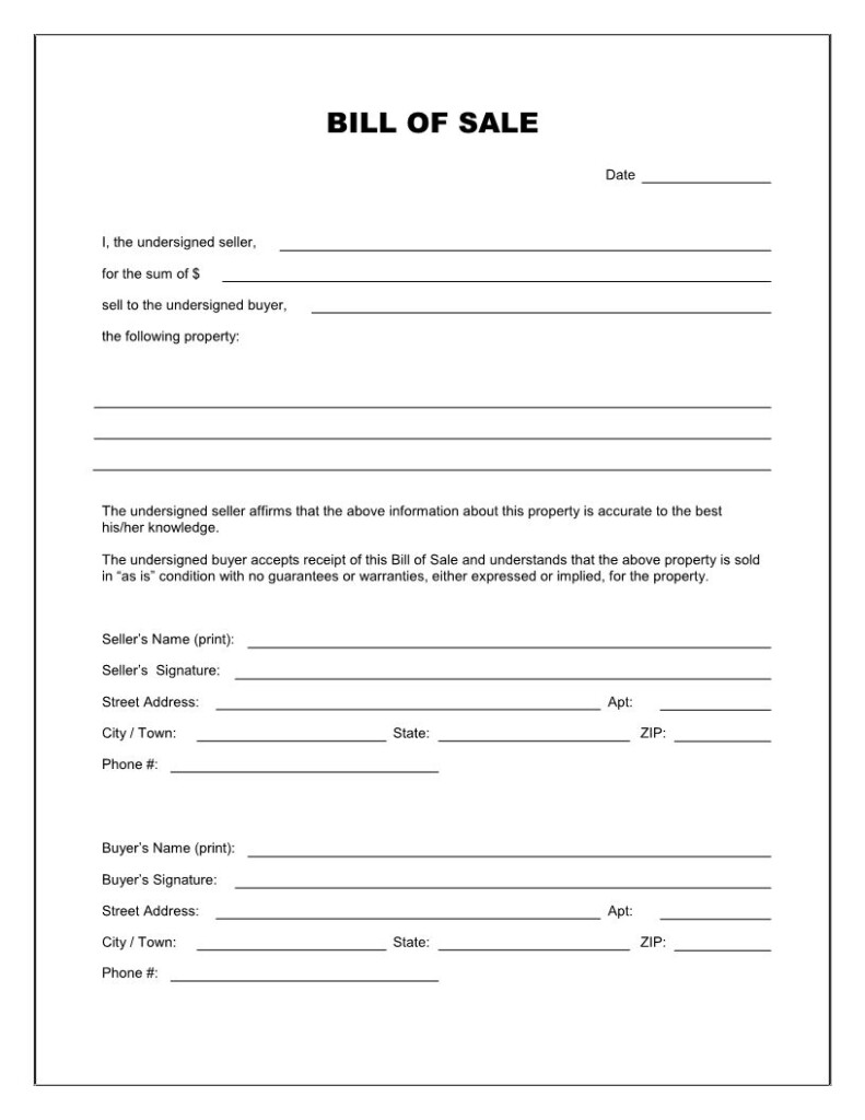Free Printable Blank Bill Of Sale Form Template