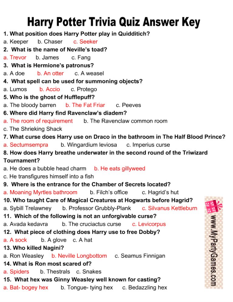 Free Printable Harry Potter Trivia Quiz With Answer Key