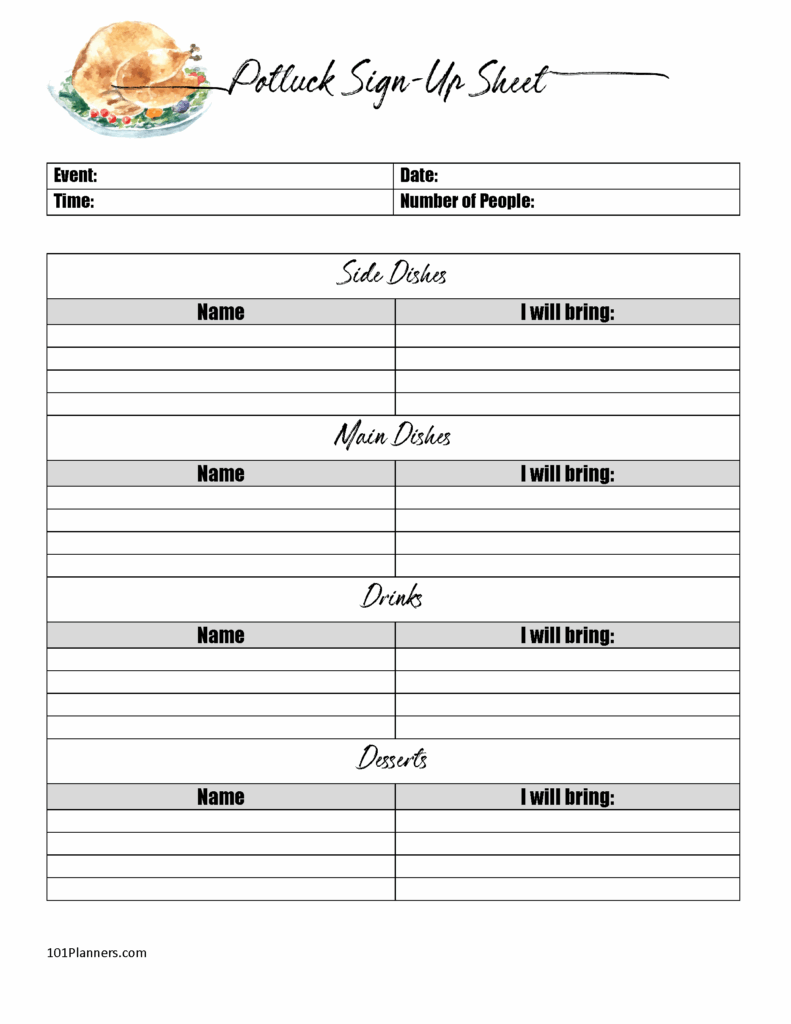 Free Printable Potluck Sign Up Sheet Template Great For The Office Or 