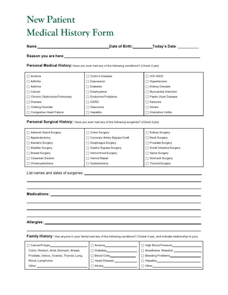 Personal Medical History Form Printable Printable Forms Free Online