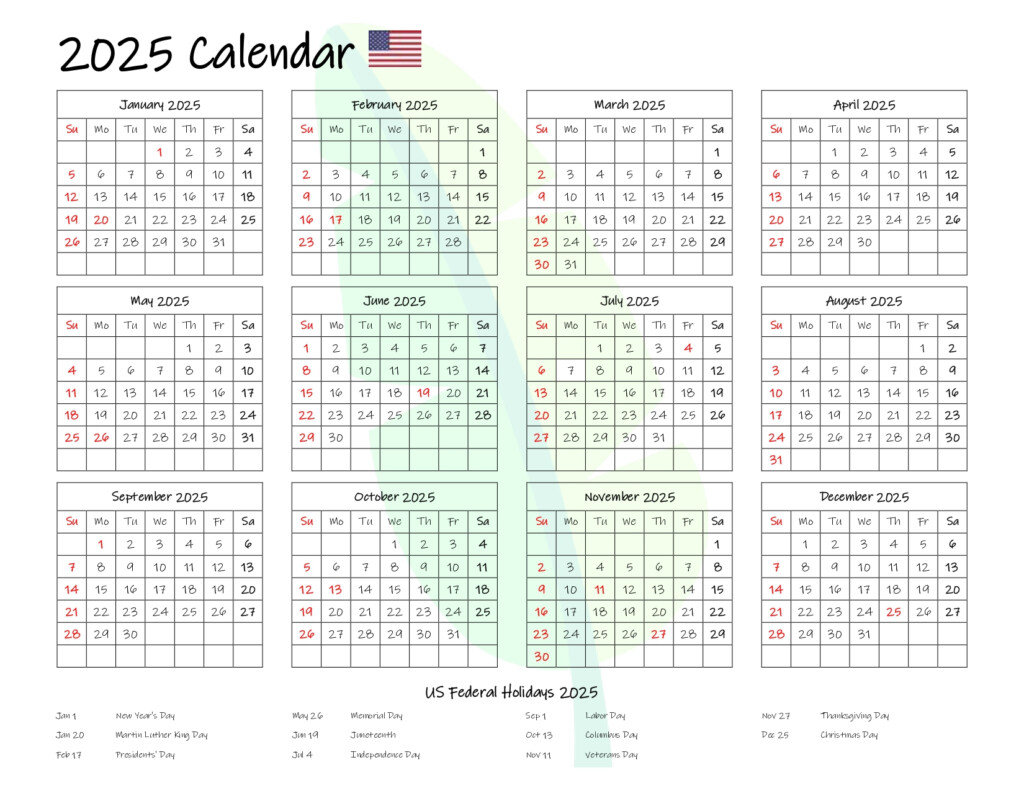 Printable 2025 Calendar With Holidays 12 Month On One Page 