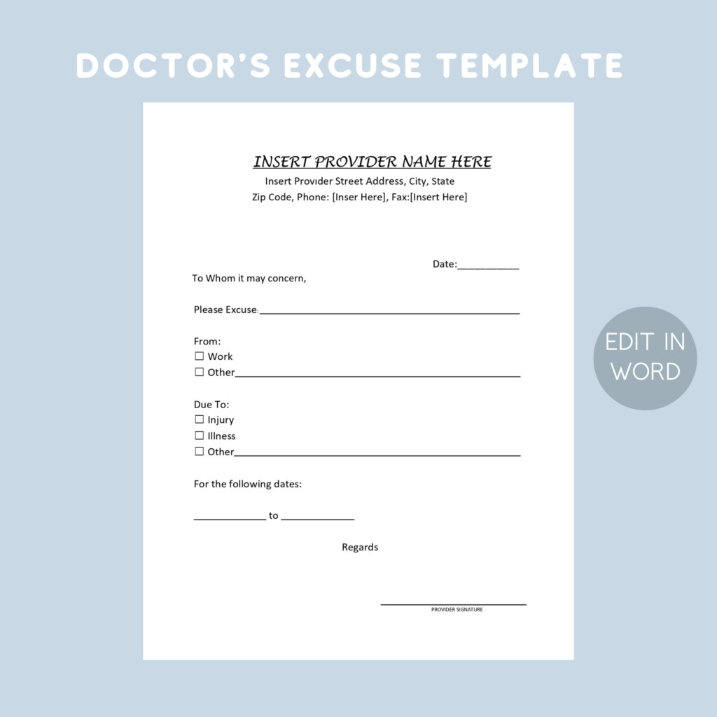 Printable Doctors Excuse Template EDITABLE Medical Office Forms Work 