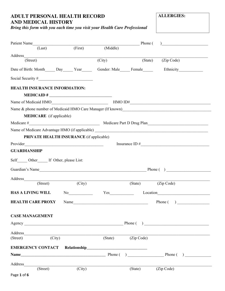 Printable Personal Medical History Form Printable Forms Free Online