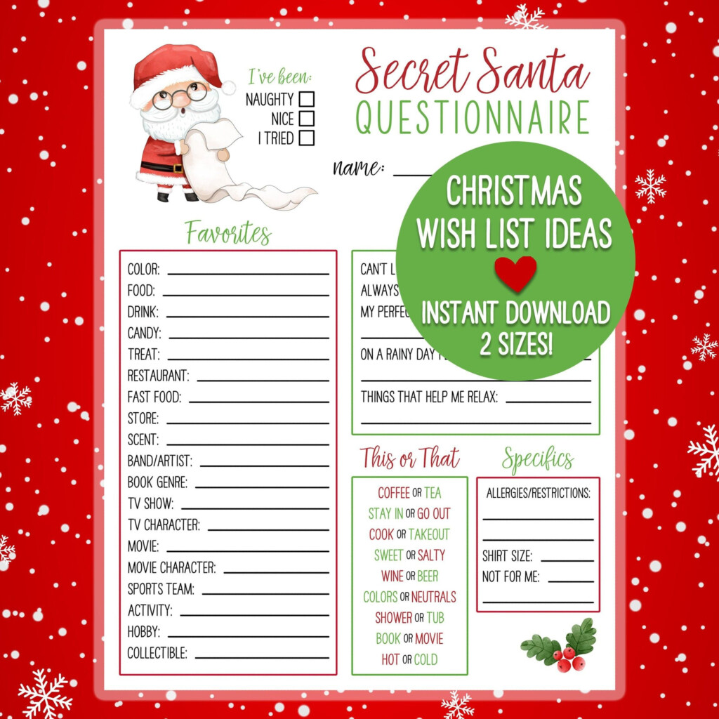 PRINTABLE Secret Santa Christmas Wish List Holiday Gift Exchange 