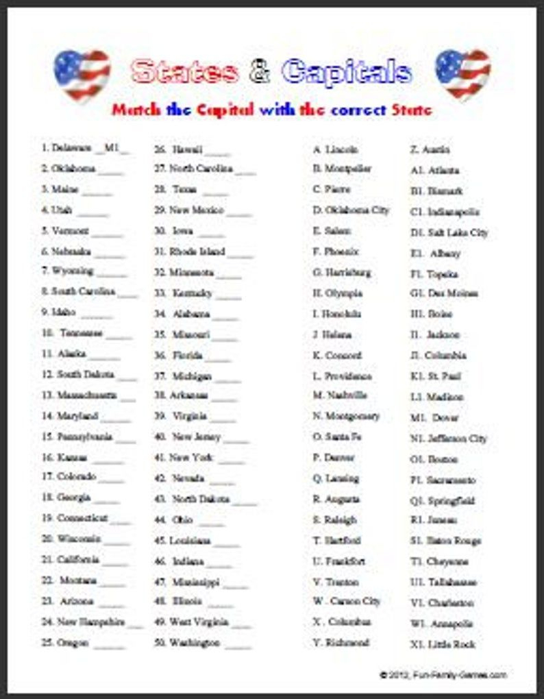 States And Capitals Test Printable Printable Sight Words List