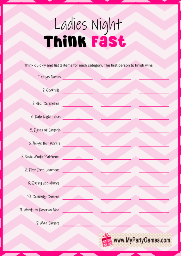 Think Fast Free Printable Ladies Night Game