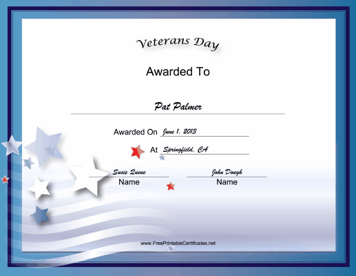 Veterans Day Holiday Certificate Printable Certificate